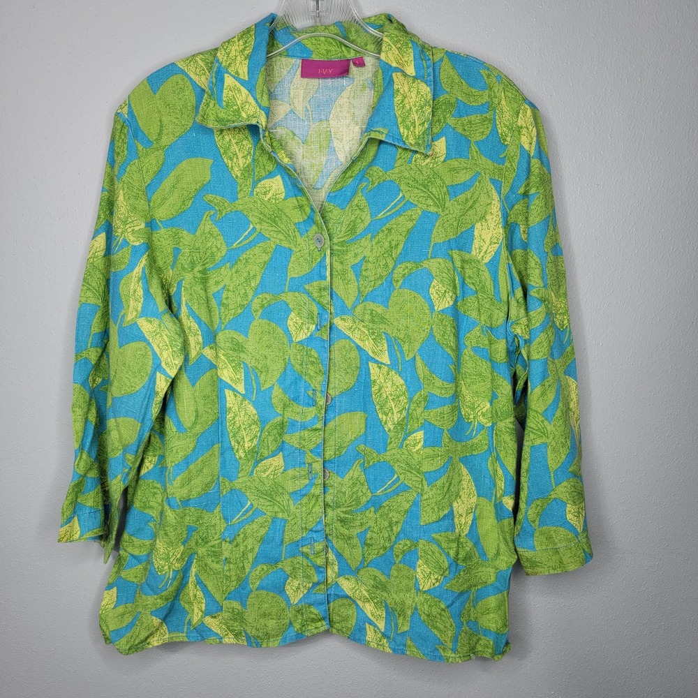 L 100% Linen Vintage IVY Linen floral Blue Green Leaf O